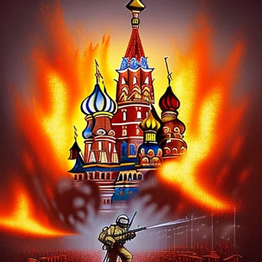 Ville en feu, soldat lance flammes, civils morts, kremlin en feu