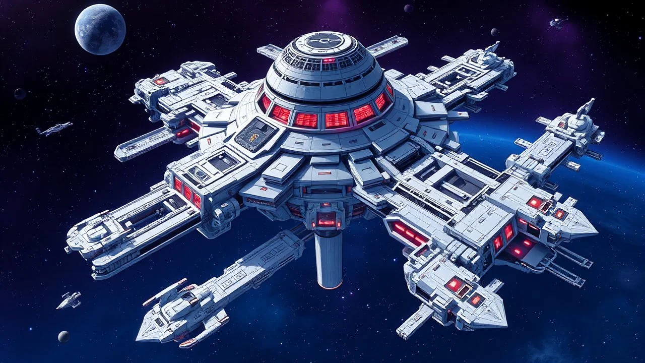 A detailed, wide-angle illustration depicts a sprawling, futuristic space station complex bathed in the deep blues and purples of outer space. The central structure is a massive, multi-tiered hub with a bulbous, domed top featuring large, illuminated windows. Extending from this hub are numerous interconnected platforms, docking bays, and smaller satellite structures, all rendered in sleek, metallic whites and grays with accents of red and orange lighting. Several smaller spacecraft, resembling