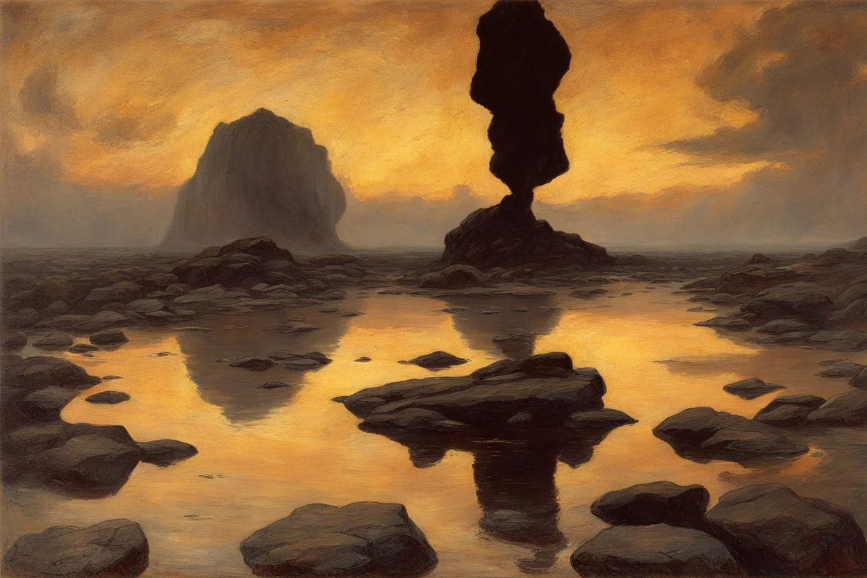 one person, rocks, puddle, cosmic, philosophic, and trascendent influence, friedrich eckenfelder impressionism paintings