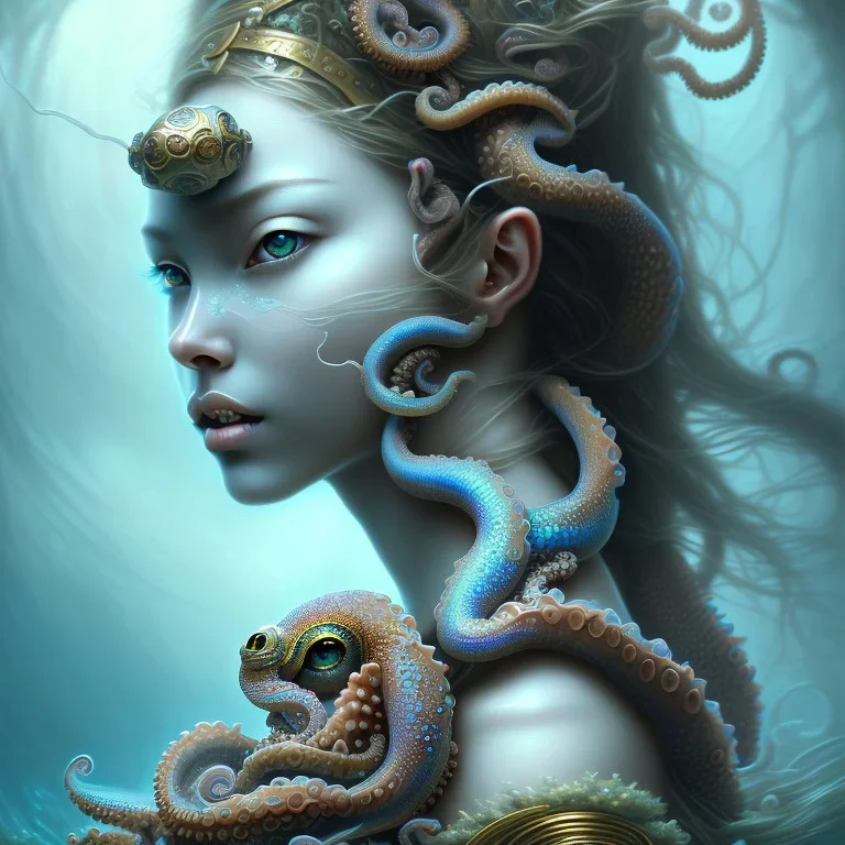 Sango fantasy, fantasy magic, intricate, sharp focus, illustration, highly detailed, digital painting, concept art, matte, art germ and Paul Lewin and Kehinde Wiley, masterpiece Japanese mermaid head bronze octopus' Asian African girl nice breast Thai hair turquoise silver blue under water