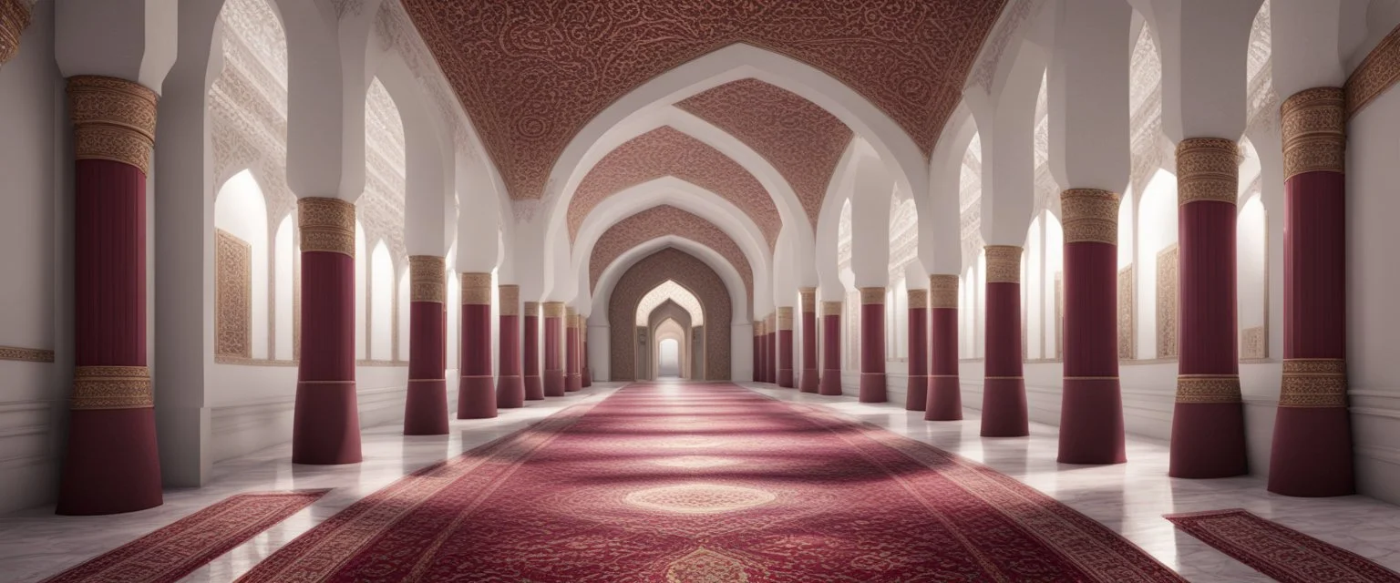 Hyper realistic detailed hallway inside White wall Mosque with maroon pillars & beautiful carpet at night