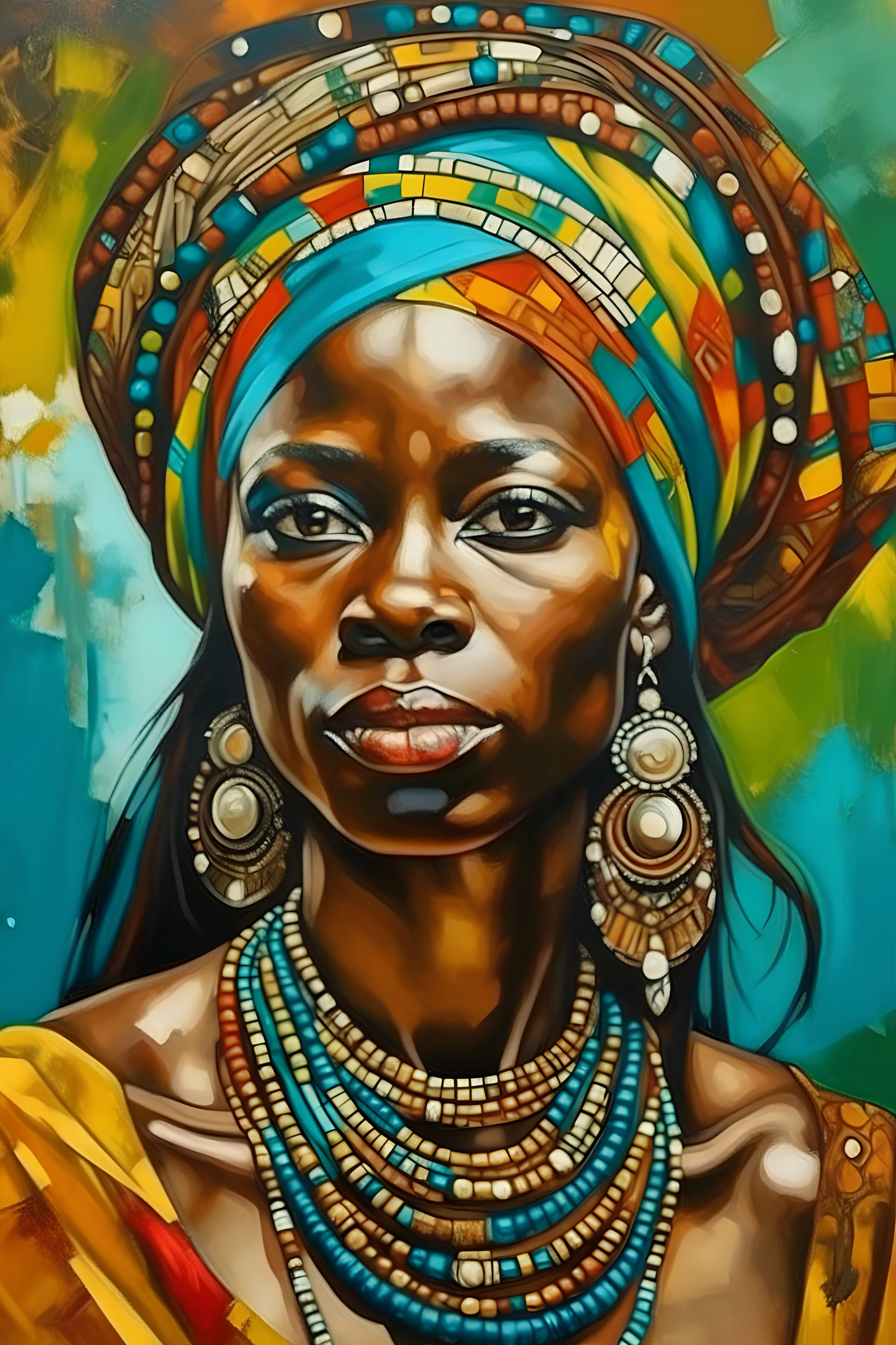 Painted portrait of African woman in turban, long hair and loads of jewellery, painted by paint brush in style of Gustav Klimt