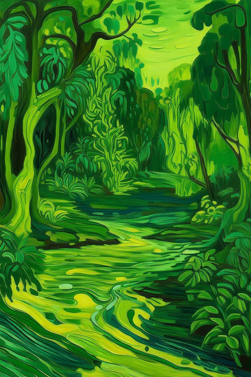 A lime green jungle with a poisonous river painted by Vincent van Gogh