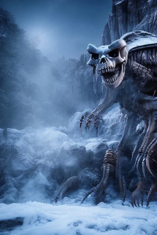 Giant scary skeleton monster, made of stone and ice, dramatic scenery, cold light