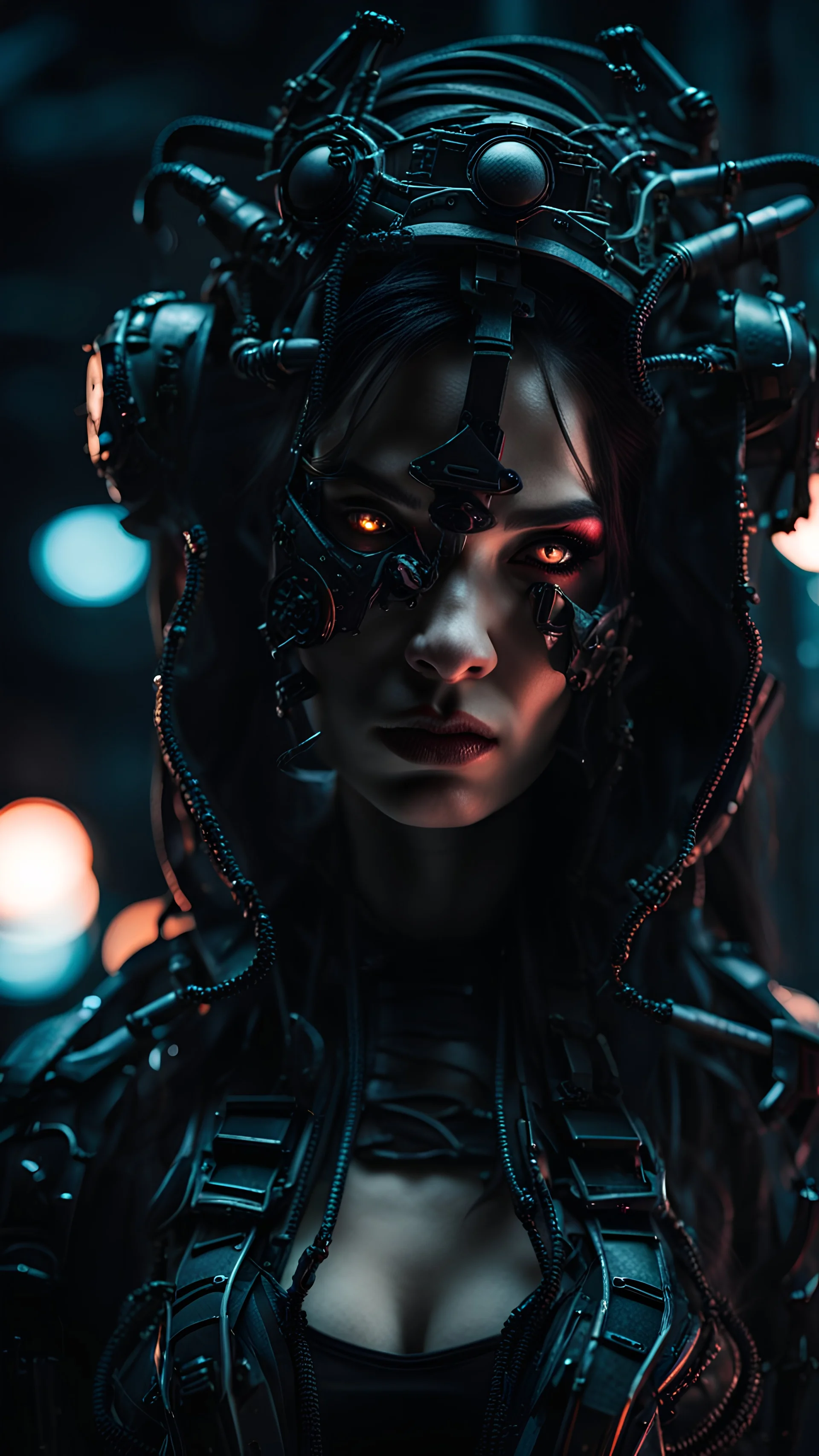 dark fantasy, cyberpunk girl, close up, intricate details, insane details, volumetric lighting, ominous atmosphere, ominus lights, spectral atmosphere, modelshoot style