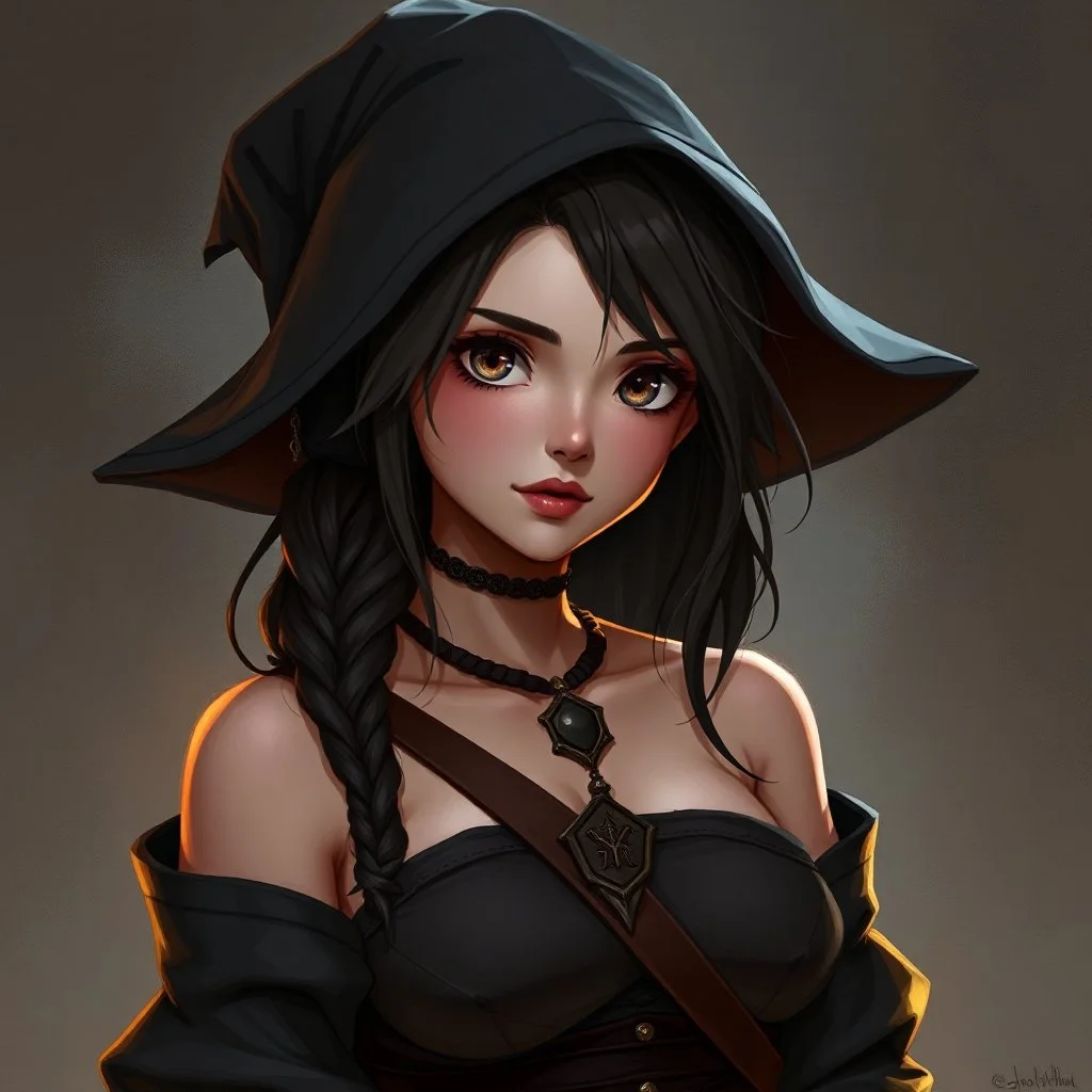 pretty girl, conventionally attractive, dark clothes, tight top, medieval, sorcerer, digital art