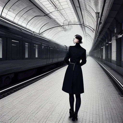 A tall slender young woman with short hair and a black trench coat longingly waiting for her lover at a train station in Munich