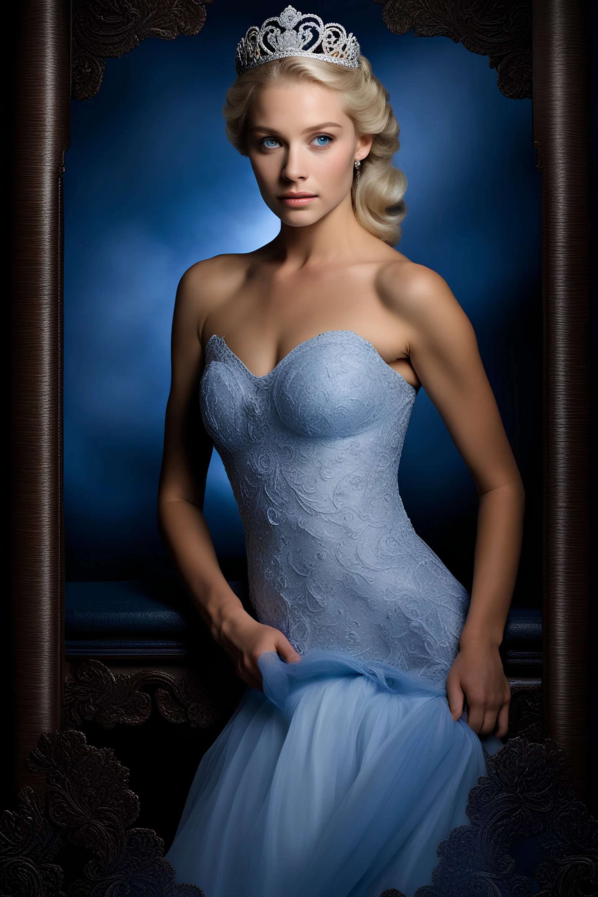 dark brown wood panel background with an overhead spotlight effect, 18-year-old Princess, Elsa Jones, Blue eyes, bleach blonde hair, braided, head and shoulders portrait, wearing a blue, lacy Prom dress with a tiara, full color -- Absolute Reality v6, Absolute reality, Realism Engine XL - v1