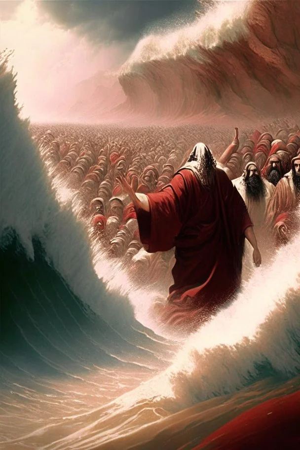 Moses parting the red sea while the Isrealites cross on dry land