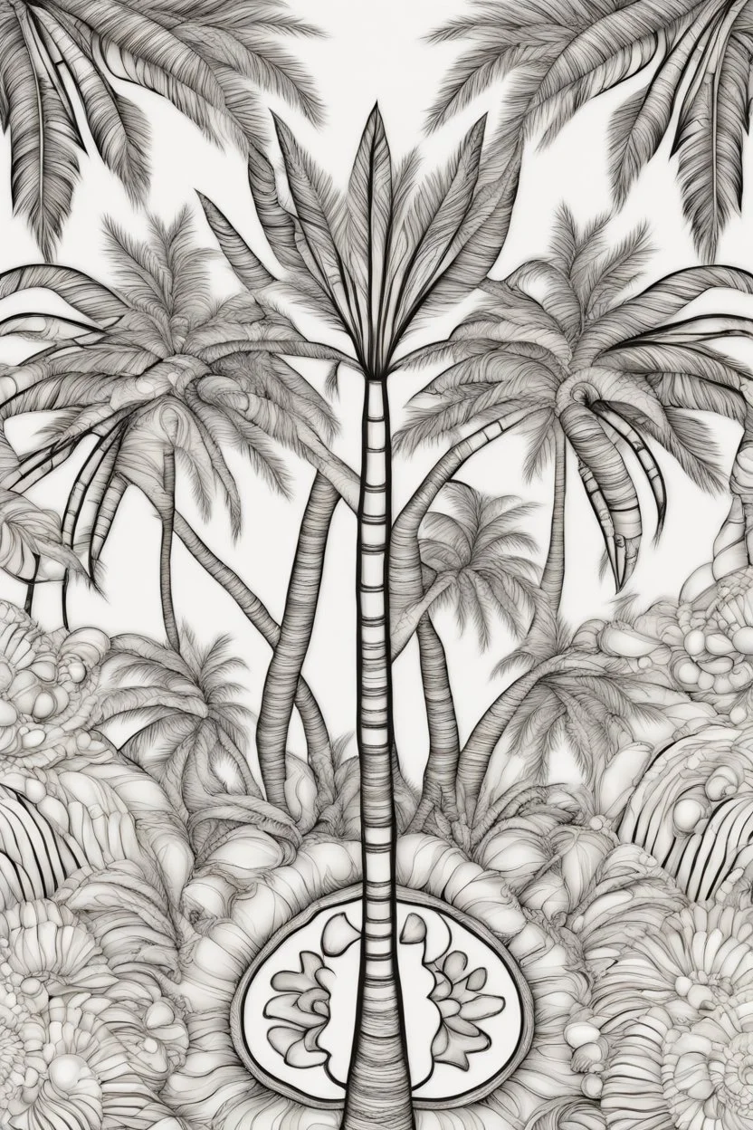 Mandala of palm trees with seashells, outlined in black and white with clear, substantial lines for an adult coloring book, contour, vector, clean line art, against a white background