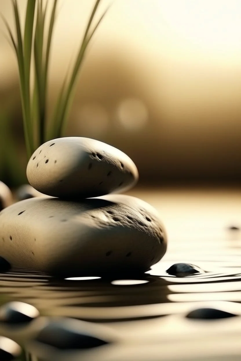 delicate background with spa stones and a bamboo stem, on a blurred background on the stones, abstract silhouette meditation on the stones, photorealistic photo