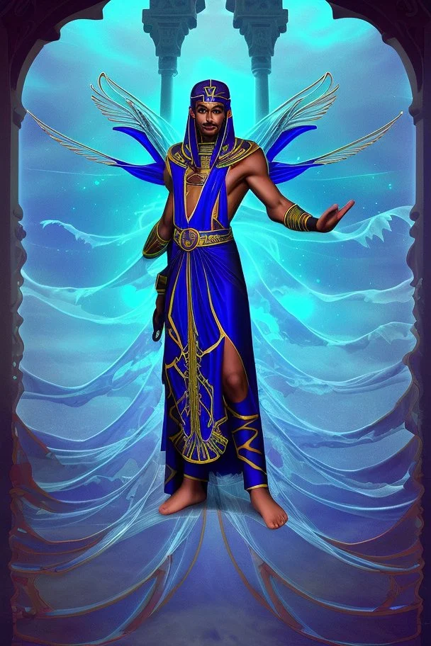 [ancien Egypt, real photography] Clad in a robe of deep cobalt blue, Akkiru's attire seemed to meld seamlessly with the boundless expanse around him. The fabric, adorned with motifs that echoed the rhythmic dance of waves, flowed gracefully in the wind. As he gripped the ship's ornate railing, his fingers - calloused by the duties of leadership - clung with a practiced firmness, a testament to his unwavering grip on the helm of his people's destiny.