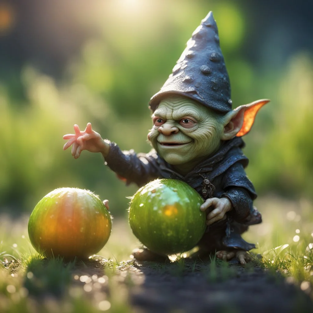 witch king snail gremlin t-pose upper body of gnome goblin orc made from tinted murano glass in long grass inspecting a melon ,bokeh like f/0.8, tilt-shift lens 8k, high detail, smooth render, down-light, unreal engine,bokeh like f/0.8, tilt-shift lens 8k, high detail, smooth render, down-light, unreal engine