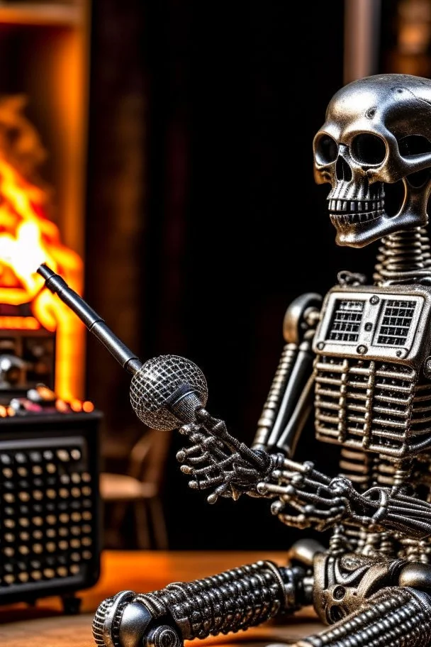 Robot firestarter with a microphone in hand, a hard rock man and metal radio host sleeping in the background