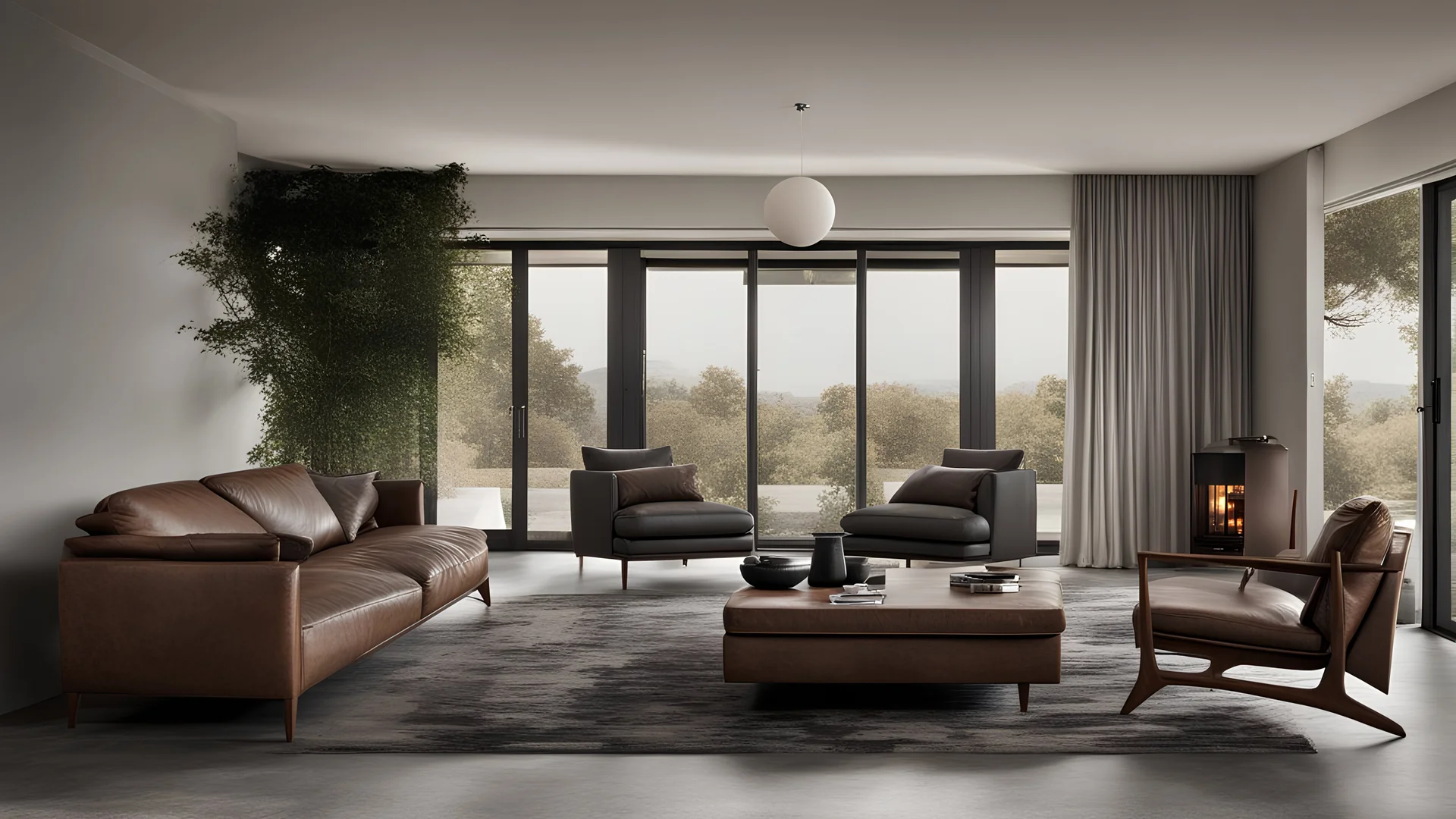 Living room, contemporary Style, polifrom, leather sofa, coffee table, side table, rug on grey tile floor