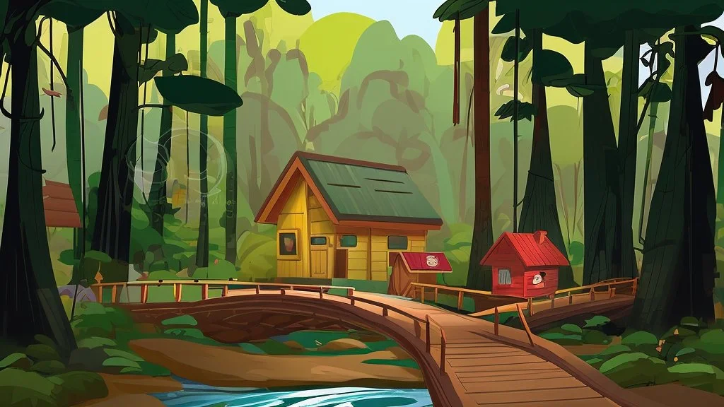 Cartoon style: at the end of the bridge, there is one tiny wooden house with red roof