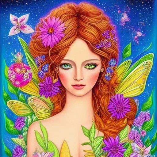 very beautiful portrait of bright fairy, cosmic atmosphere, perfect composition, 8k, super detailed, delicate flowers, complementary colours, intricate details, fantasy art