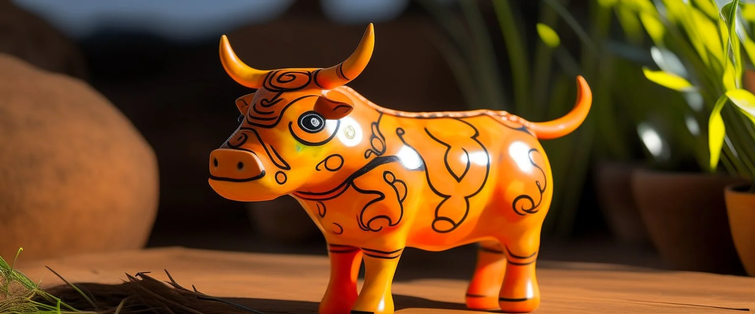 A light rosy orange colored lightning elemental cow designed in African pottery painted by Xul Solar