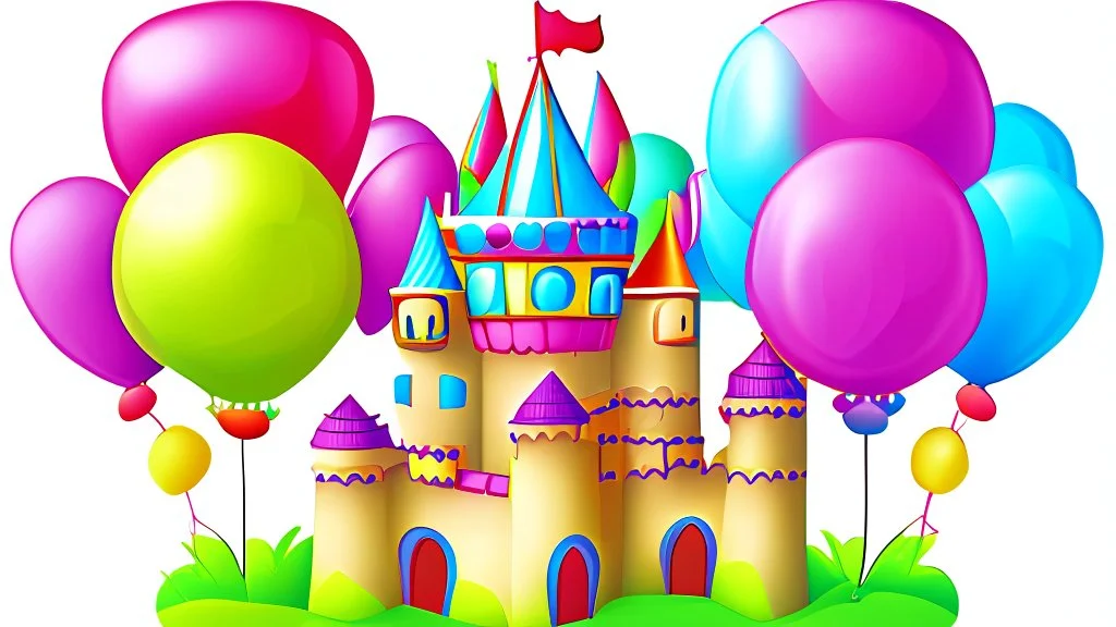 Illustration of a balloon castle, this castle is the party decoration factory. detailed illustration, realistic and colorfull