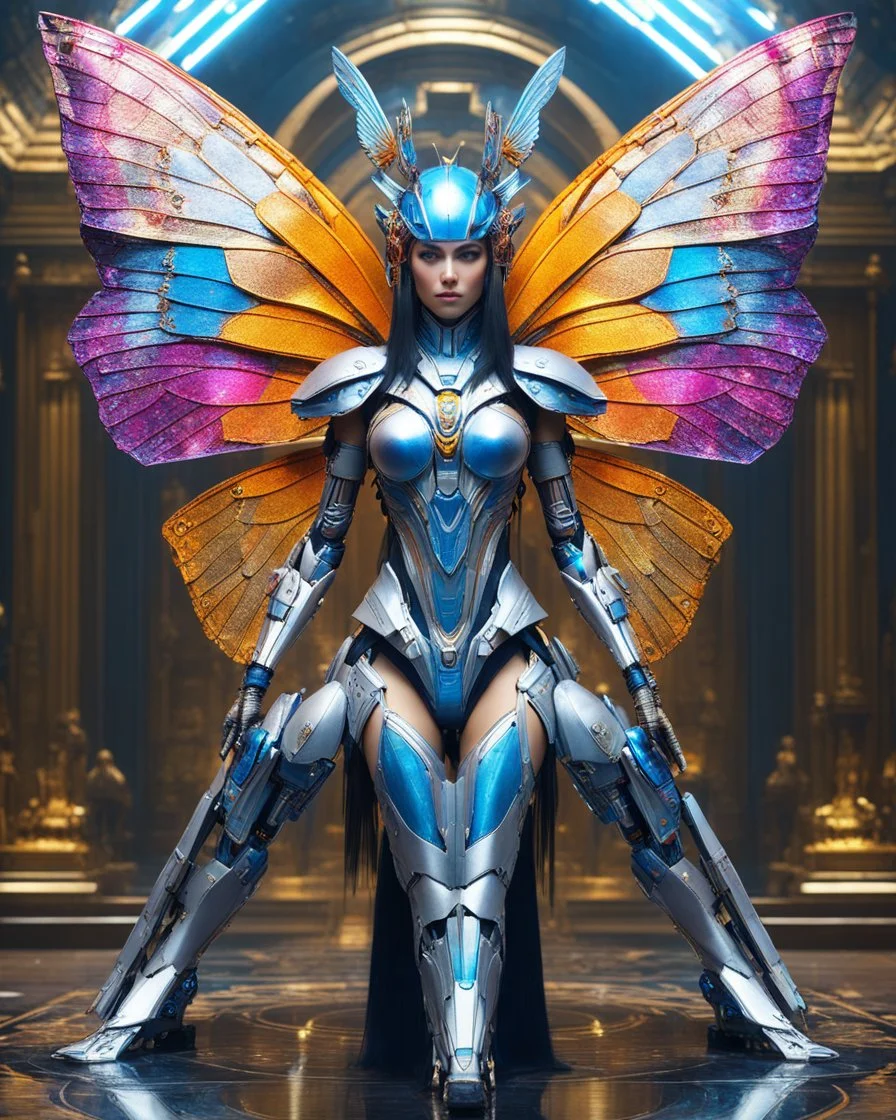 Full body portrait of cyber mech robot lady butterflies ((masterpiece)), (beauty:1.3), iconic asp headpiece, UHD, 64K, hyperrealistic, vivid colors, , 8K resolution, throne room background with hieroglyphics, HDR depth, ultra detail, commanding regal aura, real photo