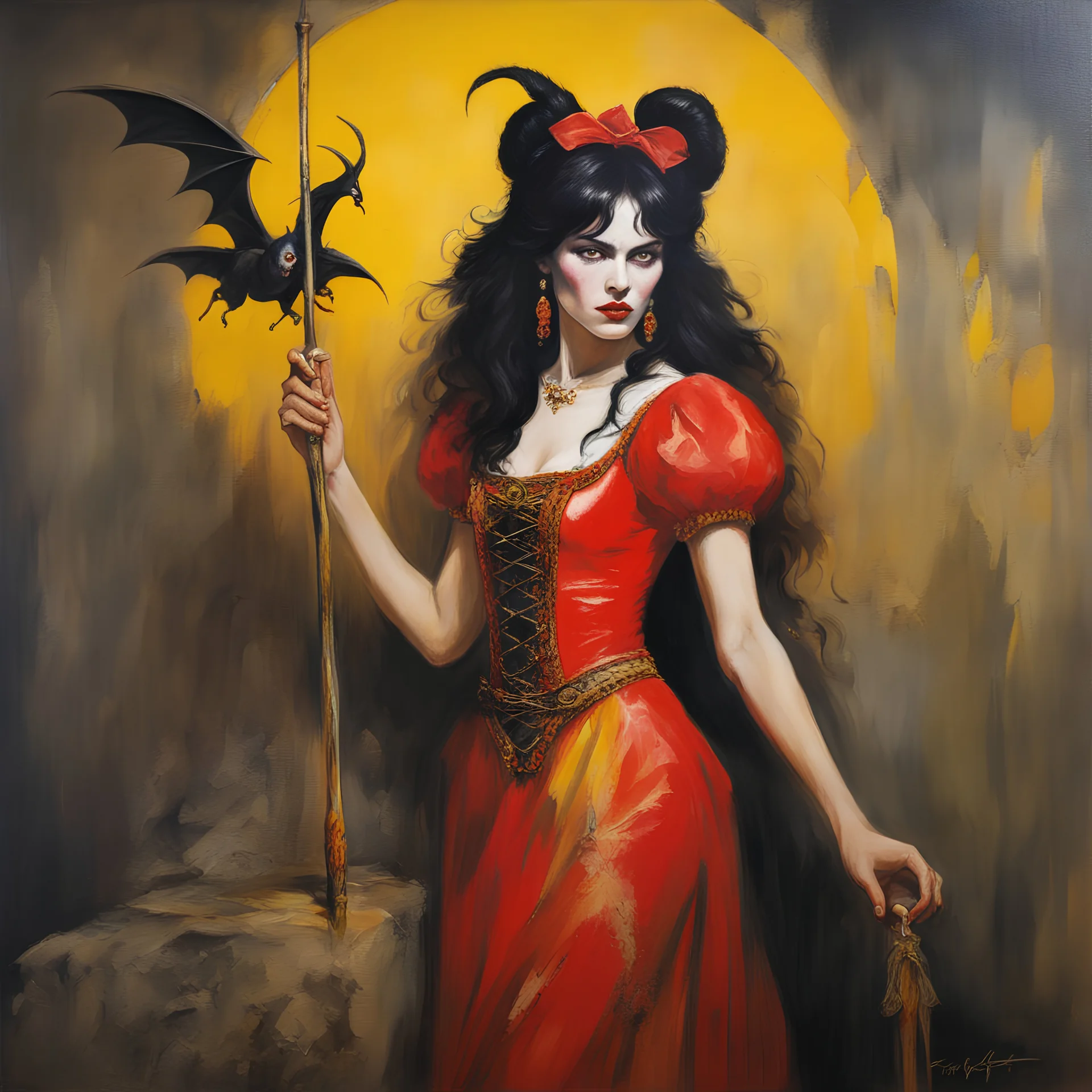 a Hideous, horrifying, frightening black-haired Snow White the evil vampire witch, wearing a red leather sling suit with a gold/yellow bat emblem on the waist, dark, multicolored watercolor stained wall in the background, oil painting in the art style of Frank Frazetta, 32k UHD, Hyper realistic, photorealistic, realistic, sharp, highly detailed, professional quality, beautiful, awesome, majestic, superb, trending on artstation