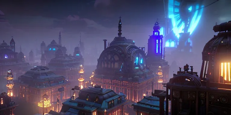 a beautiful steampunk city, tiny details, intricate, detailed, volumetric lighting, steam