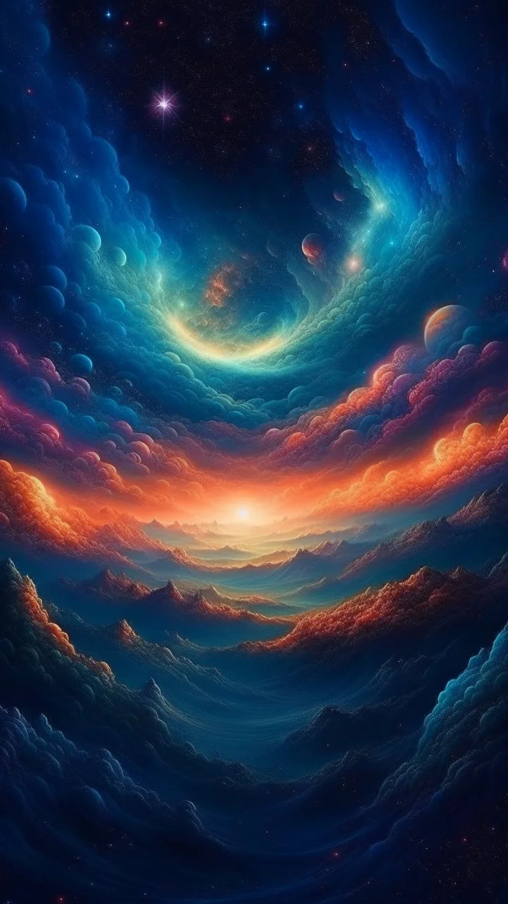 A mesmerizing celestial landscape with swirling nebulas and distant galaxies, Intricate, highfantasy, Insanely detailed, perfect composition, digital art