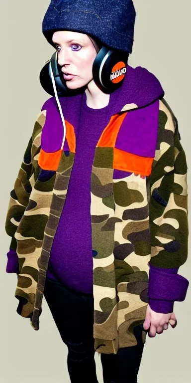 Brunette woman.thick thighs,thick calves,normal bodytype. big head. Mantle is sewed of upcycled Denim and sewed together of camouflage pieces. Colors are orange,red, cream and purple and various denim colors. It is with big bright purple felt tippet and cream-colored-hood. mantle is merged with satchel, ochre. AKG-style headphones (gold rings!) is merged with small felt cap with visor. Style: Haute Couture in 1950's, N.Y.C fashion in 2024, inspired by street art. Cream latex gaiter. Tennis shoes