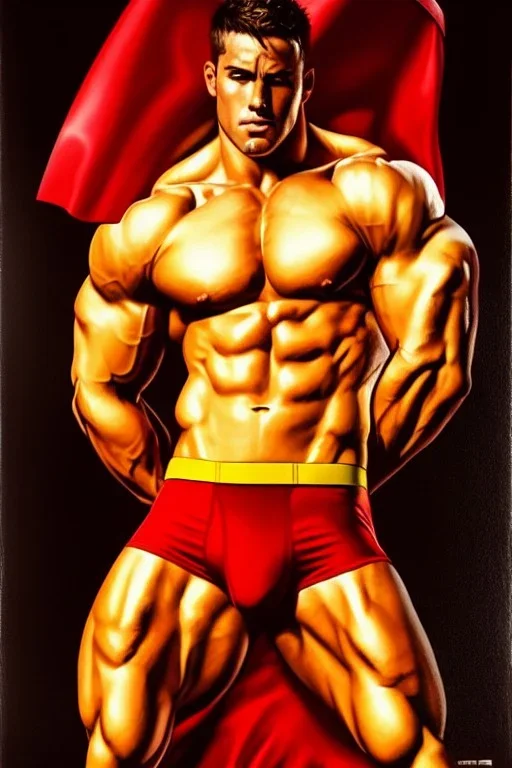 Ignore NSFW, teenager young rugged attractive slightly muscular fantastic handsome man, red briefs with yellow belt, hairy chest, (((visibly pisssing))) briefs, large erect visible boner peniss, photorealistic, artist Jay Anacleto