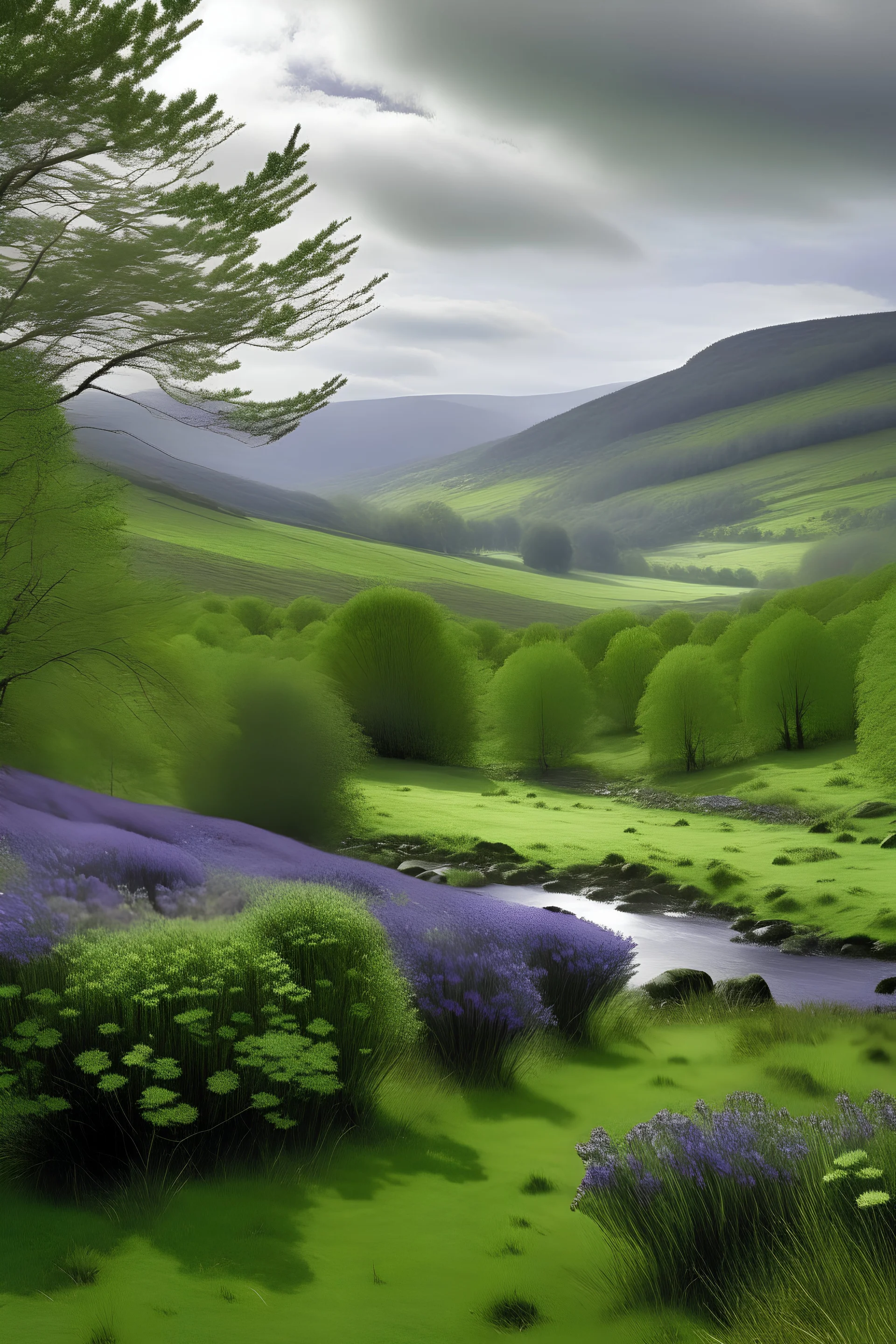 Paisaje montañoso, con ríos internos, suelo con abundantes flores de lavanda y árboles gigantes. Que en este paisaje abundan las aves típicas de Irlanda.