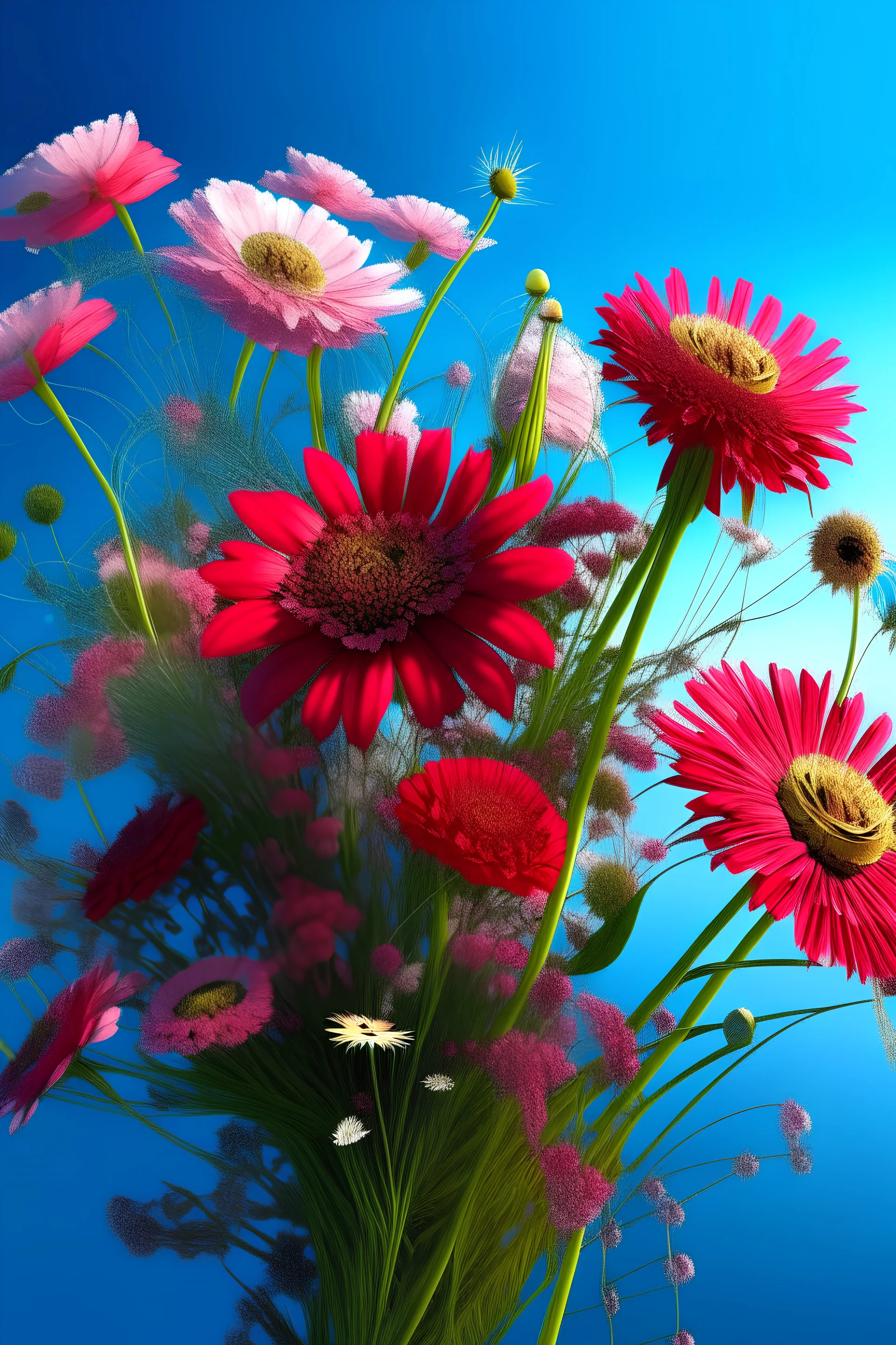 bouquet of wildflowers in red and pink shades on a blue sky background, professional photo, 30mm lens, 1/250C, 4K, high resolution, high detail, photosensitivity ISO 100 and f/2.8 gllitet. The nature of the drawing is arbitrary. the inscription is in the light. 4d glitter. iso 1000, 128k, Josephine Wall. Antoine Helbert