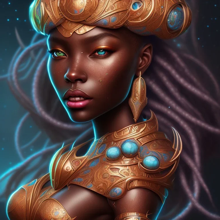 sango fantasy, fantasy magic, intricate, sharp focus, illustration, highly detailed, digital painting, concept art, matte, masterpiece head sexy view black African beauty black afro hair space lady turquoise carp skin African space landslide