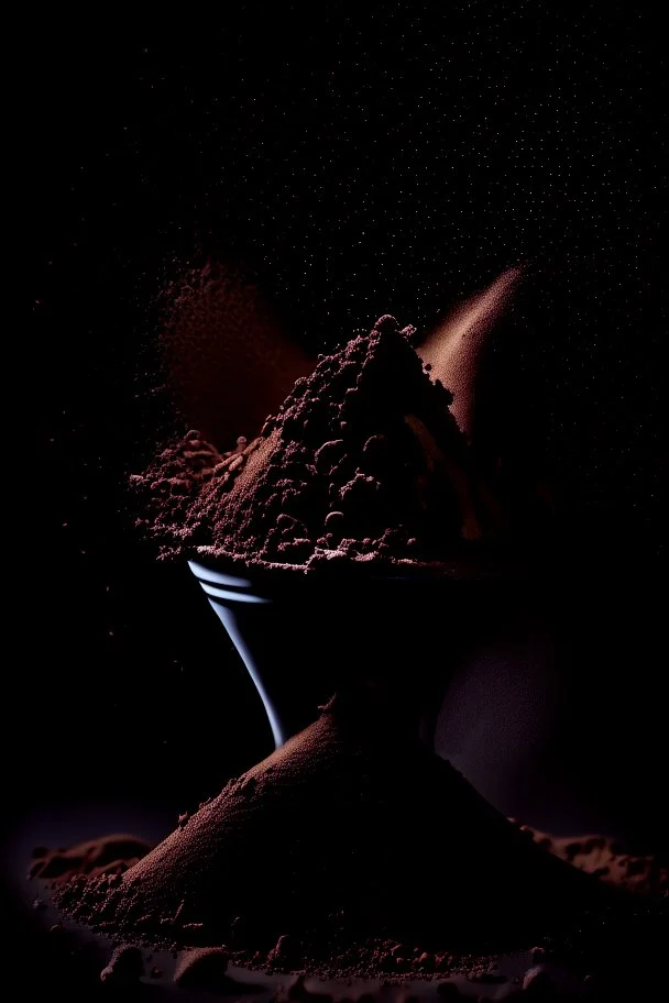 protein powder, scoop, piles, powder, brown, view from the front, dark studio setting, black background