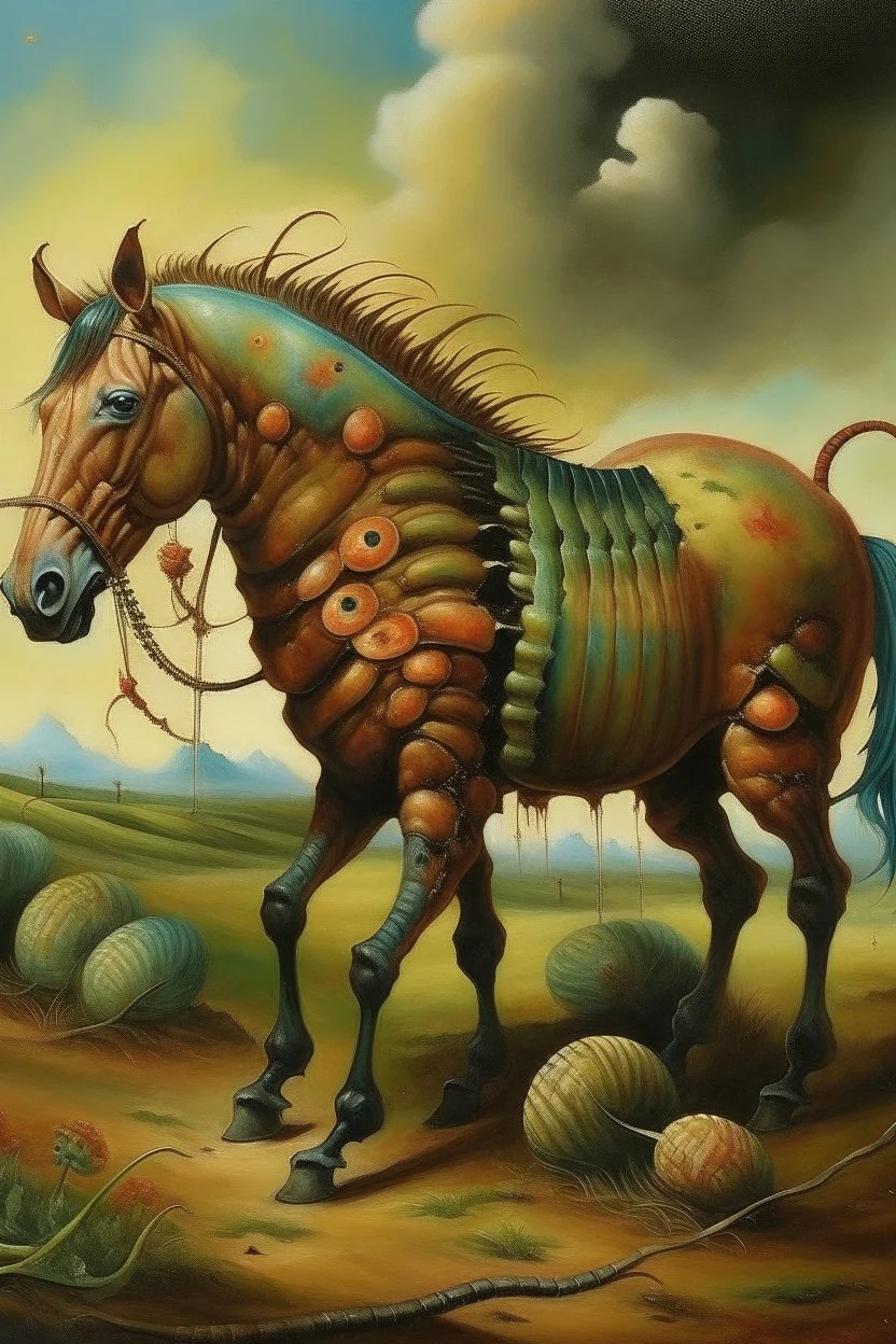 horse with many legs like caterpillar,prize winning oil painting,book cover illustration