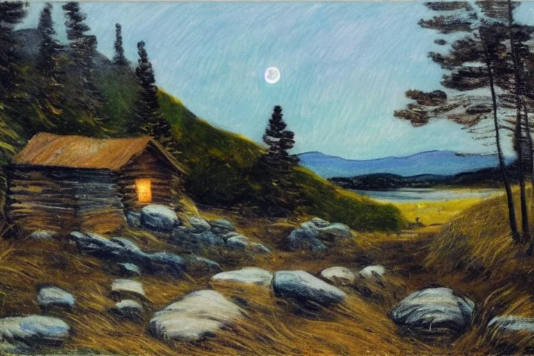 Night, moon, cabin, rocks, pathway, trees, grass, mountains, distant mountains, philip wilson steer impressionism painting