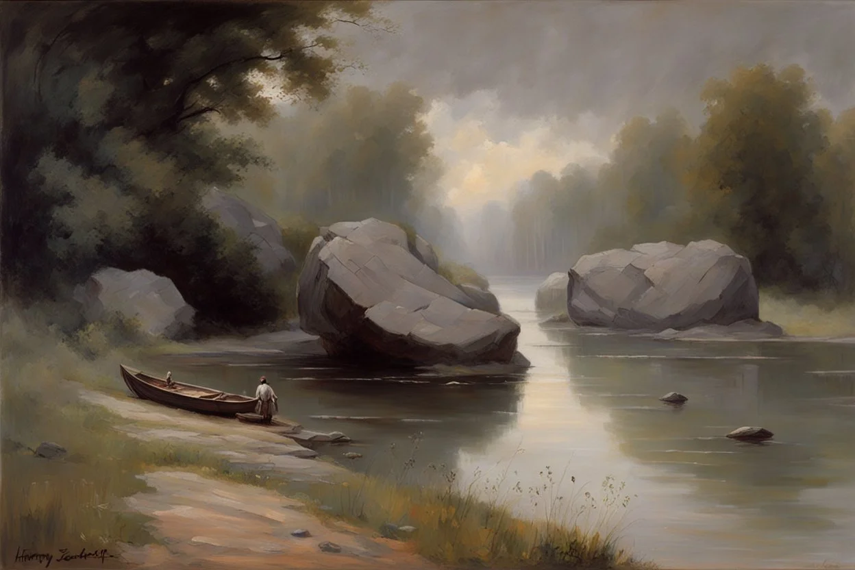 grey sky, rocks, sci-fi, lake, friedrich eckenfelder and henry luyten impressionism paintings