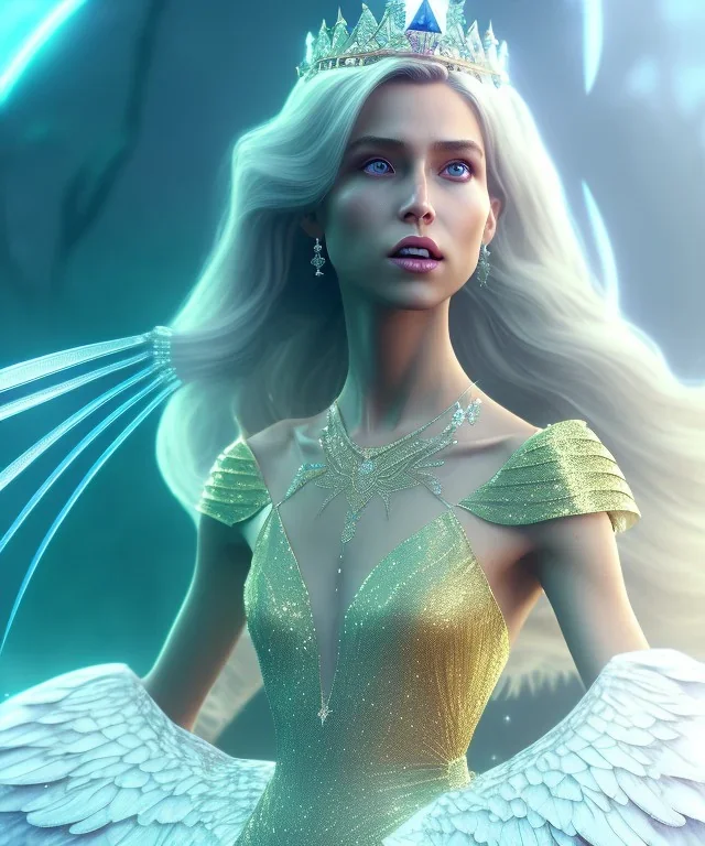 A crystalised queen, atmospheric, realistic, unreal engine, cinematic lighting, octane render, transparent long dress, blonde, full body, wings, smile, long hair