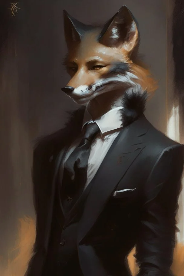 a fox in black suit in the style of Aleksi Briclot, Charlie Bowater, Dean Cornwell, and Pino Daeni