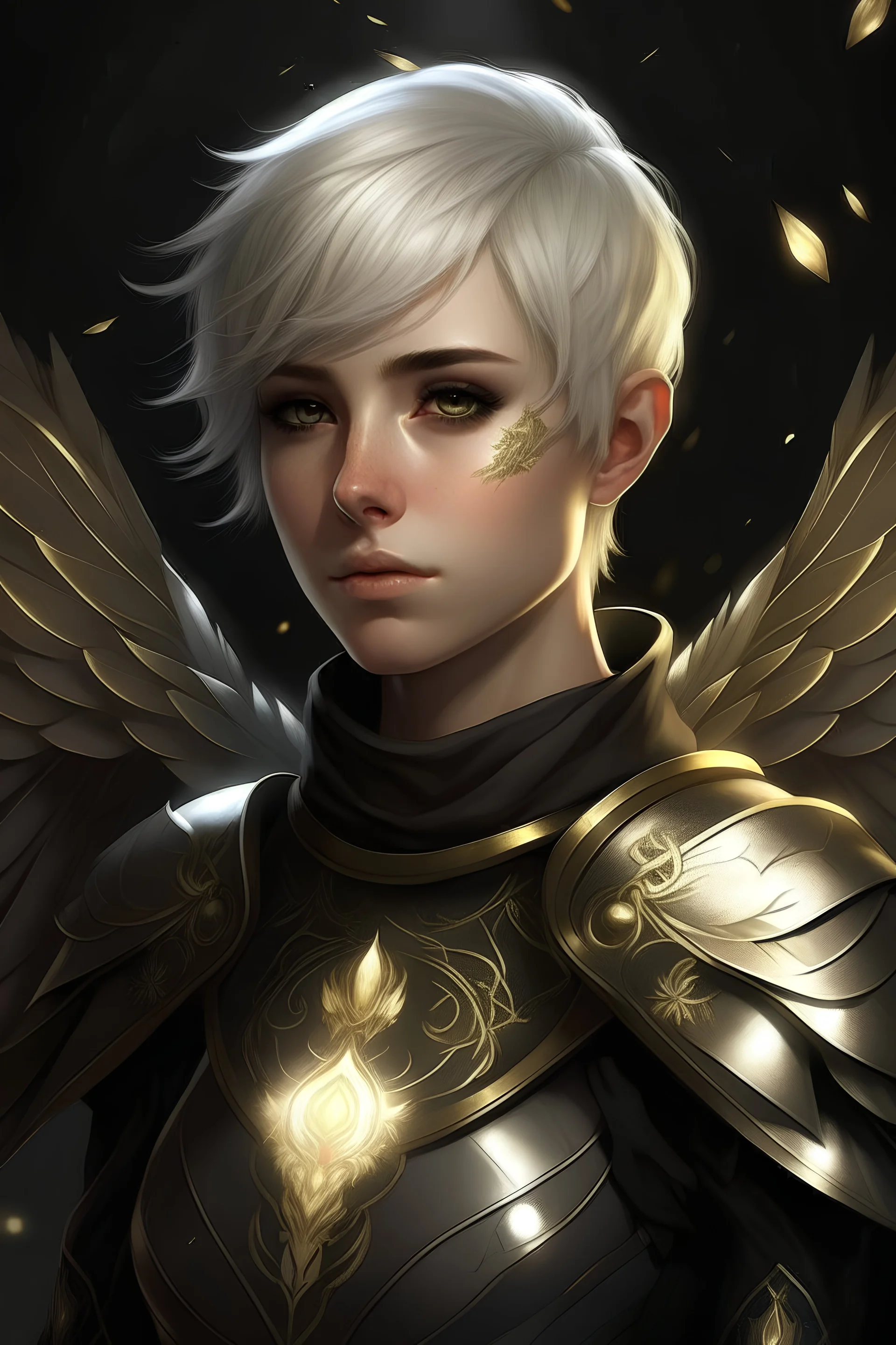 Beautiful fallen aasimar woman cleric with heart shaped face and a very short pixie cut ashy blonde hair very golden eyes and silver irises with golden wings with black scalemail and black robes