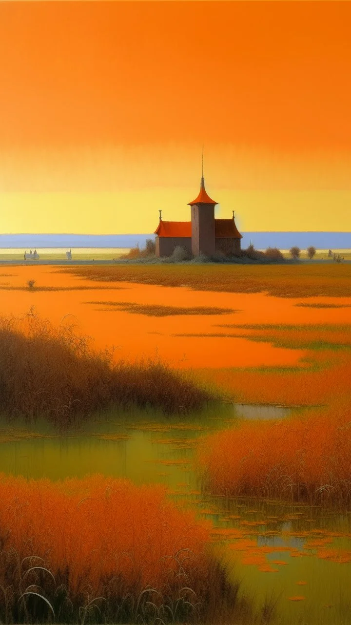 An orange colored marshland near an iron fortress painted by Birge Harrison
