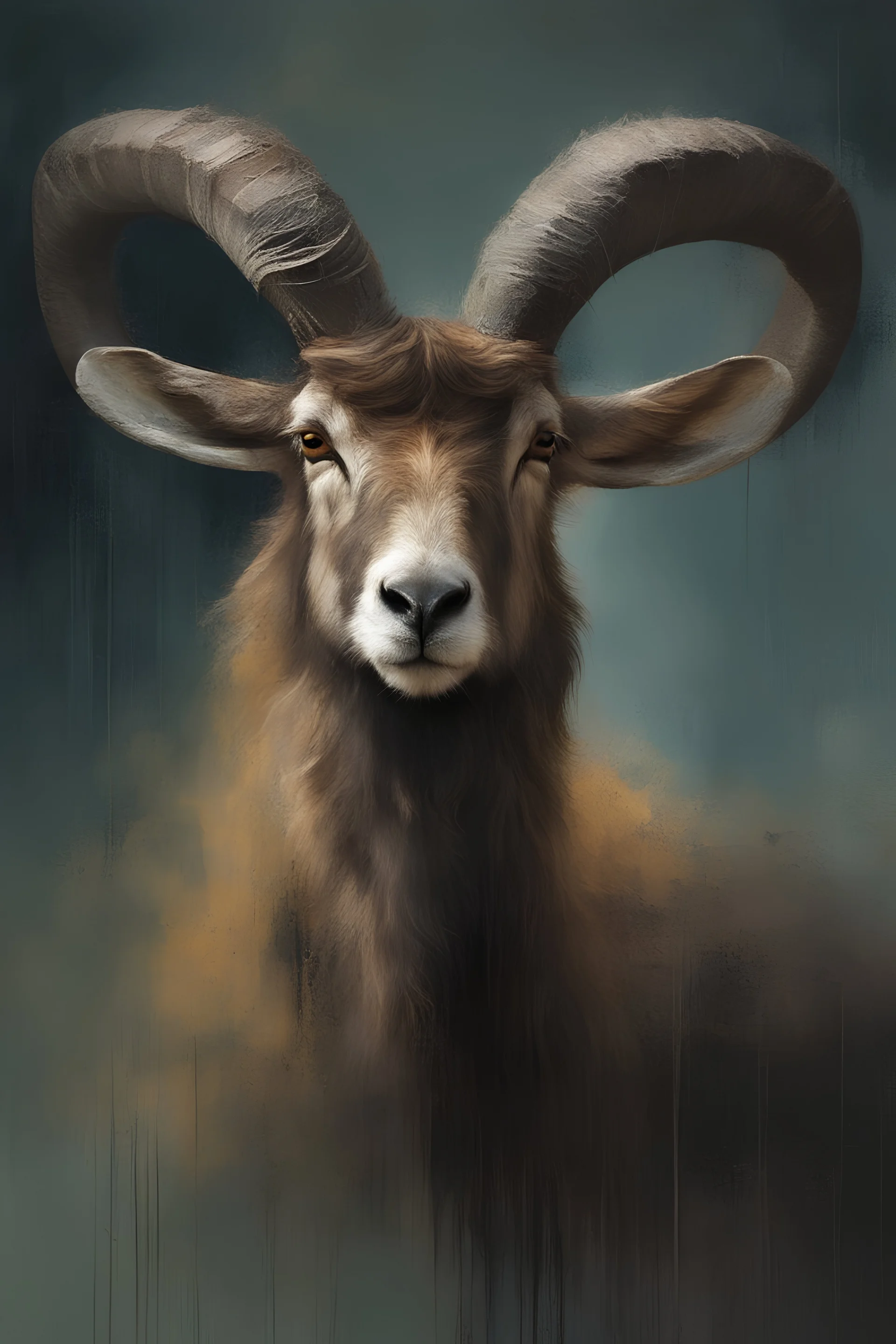 Digital Art of markhor Capra falconeri with long horns similar to screw drivers embodying the essence of nature in a , minimalist approach, influenced by Luis Miranda, Jeremy Mann, Jeffrey Catherine Jones, blends conceptual art with elements of painting and illustration, somber tones, fragmented souls, shadow play, diffuse textures, abstract forms, digital painting, high conceptuality, palette inspired by Jeffrey Catherine Jones, golden ratio composition, fine detail, cinematic lighting.