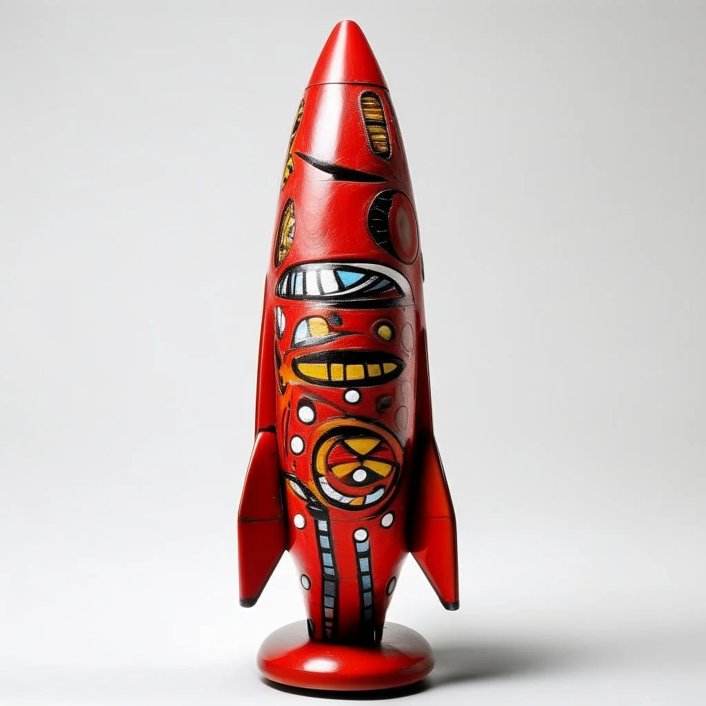 A red fiery rocket designed in African masks painted by Jean Dubuffet