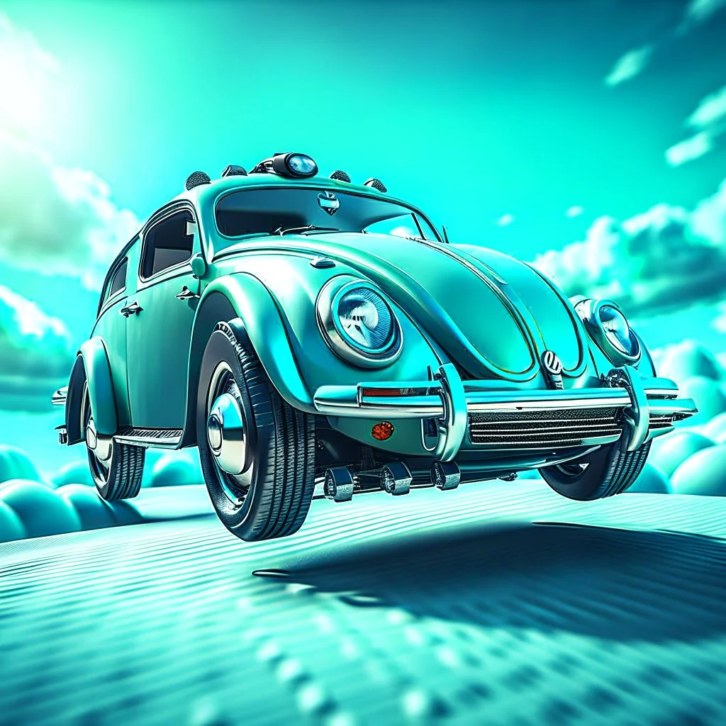 jet-fighter vw-beetle hybrid, retrofuturistic, phototrealism, in flight, one subject,