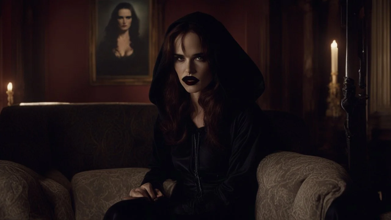 [Legend (1985)] Juliette Lake Lewis as Dahlia Death, she is a pale brunette with black lips clad in a dark agent provocateur dress with a hoodie and a scythe. She sits on a sofa in a dark mansion