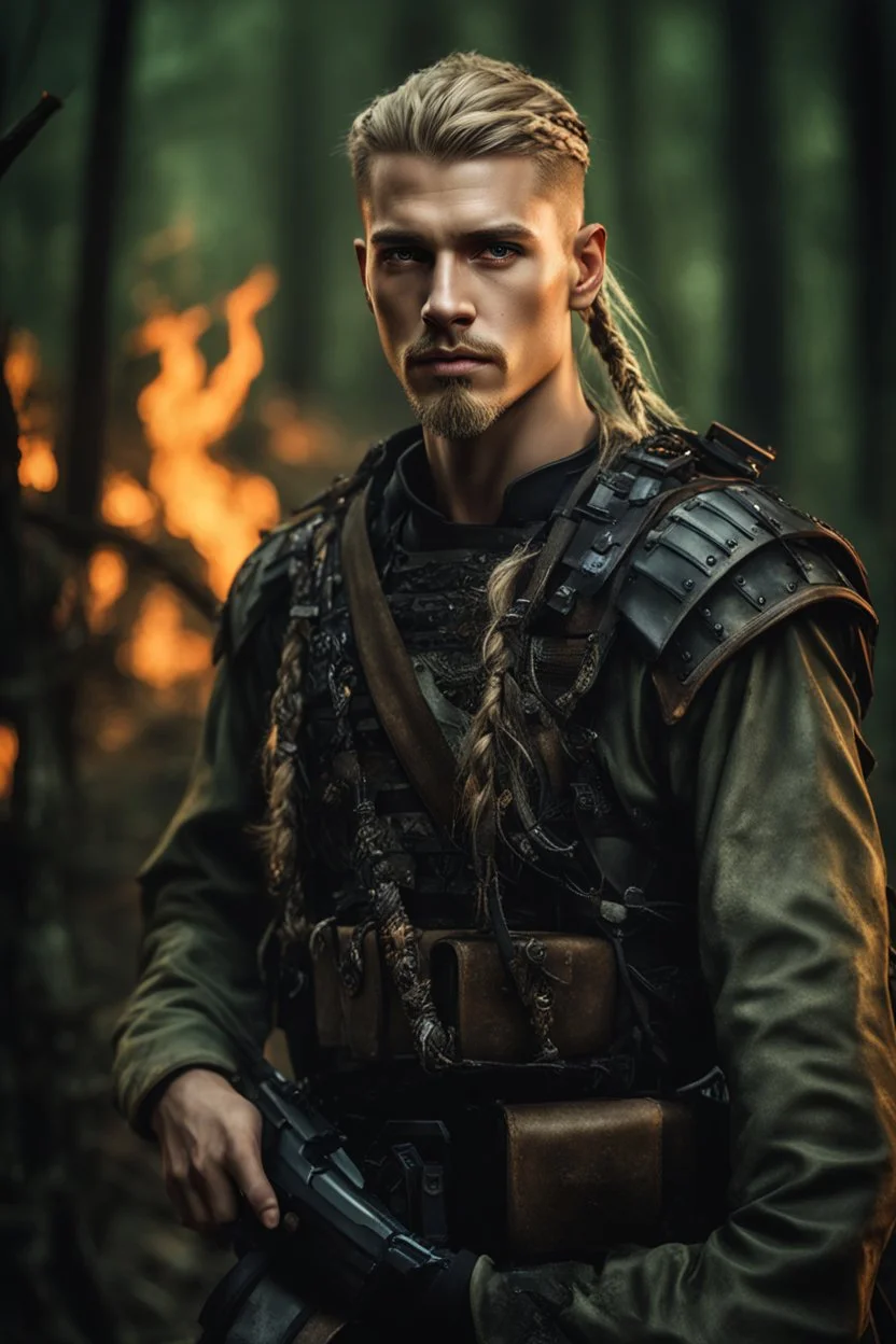 photorealistic hyperdetailed portait of 20-year-old german male, as mercenary with long blonde braided and undercut hair, tribal tattoos and goatee beard wearing modern mercenary uniform dark fantasy forest backdrop