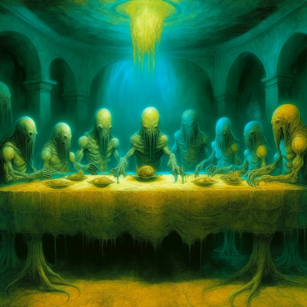 art from beyond, lovecraftian last supper, by Zdzislaw Beksinski, surreal, Dark cyan, jaundice yellow and dark white color scheme