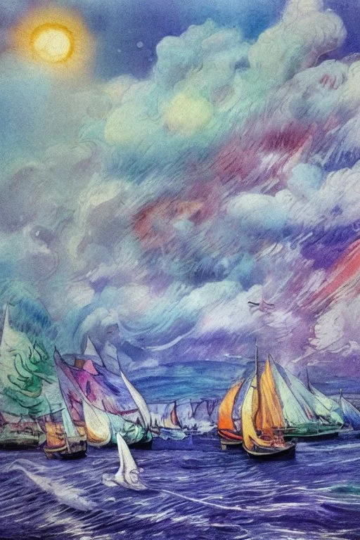 Rainbow in the darkening sky sunset sailing boats with snow-white sails seagulls on the shimmering water Jean-Baptiste Monge style surreal a masterpiece razor-sharp focus dynamic lighting watercolor and ink concept art extremely detailed psychedelic 8k beautiful high detail high definition colourful matte background Michelangelo Van Gogh colorful dramatic lighting fine art reflections whimsical National Geographic photography Alexander Archipenko Romantic Impressionism Fantasy illustration