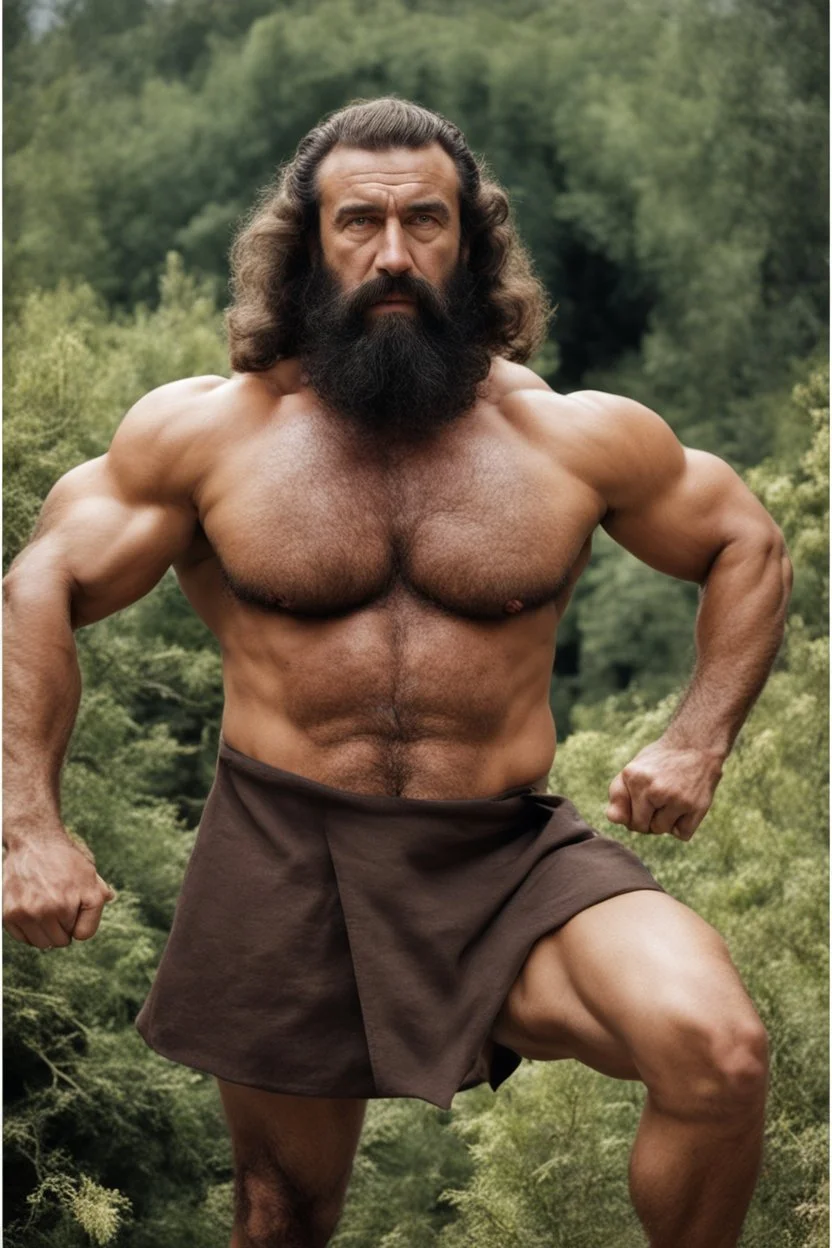 1970's massive male muscular strong man , Turkish, hairy chest, age 42, muscle daddy, long beard, curly hair, oiled, armpits, in a wood, viril chest, bathrobe