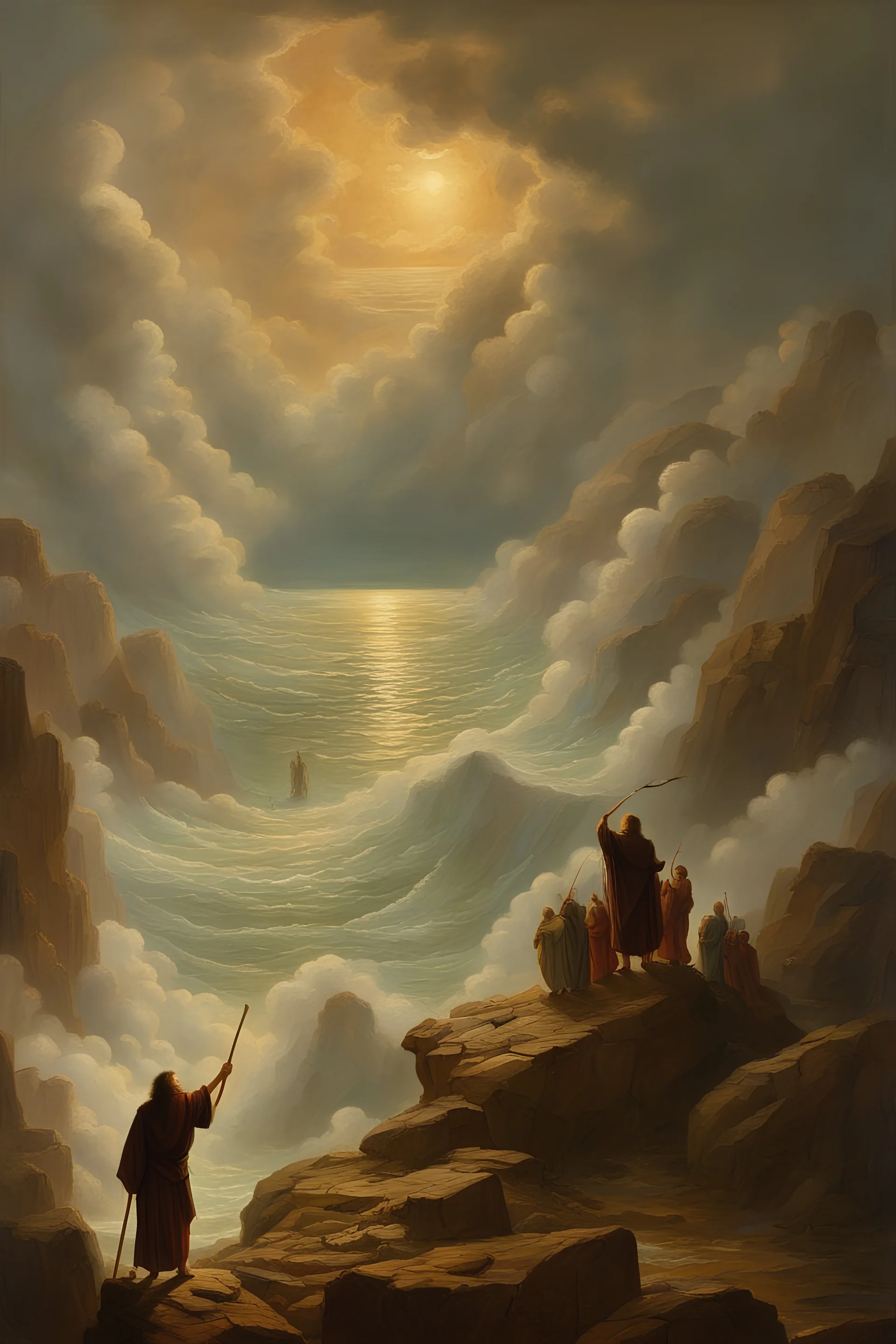 Moses stands on a mountain and holds a crooked wooden staff. Aaron is next to HIM, and below, NUMEROUS Jewish PEOPLE cross the sea by land. There are walls of water on both sides to the right and left. There is a silhouette of God in the sky. Everything is painted in oil painting with high-quality drawing of details