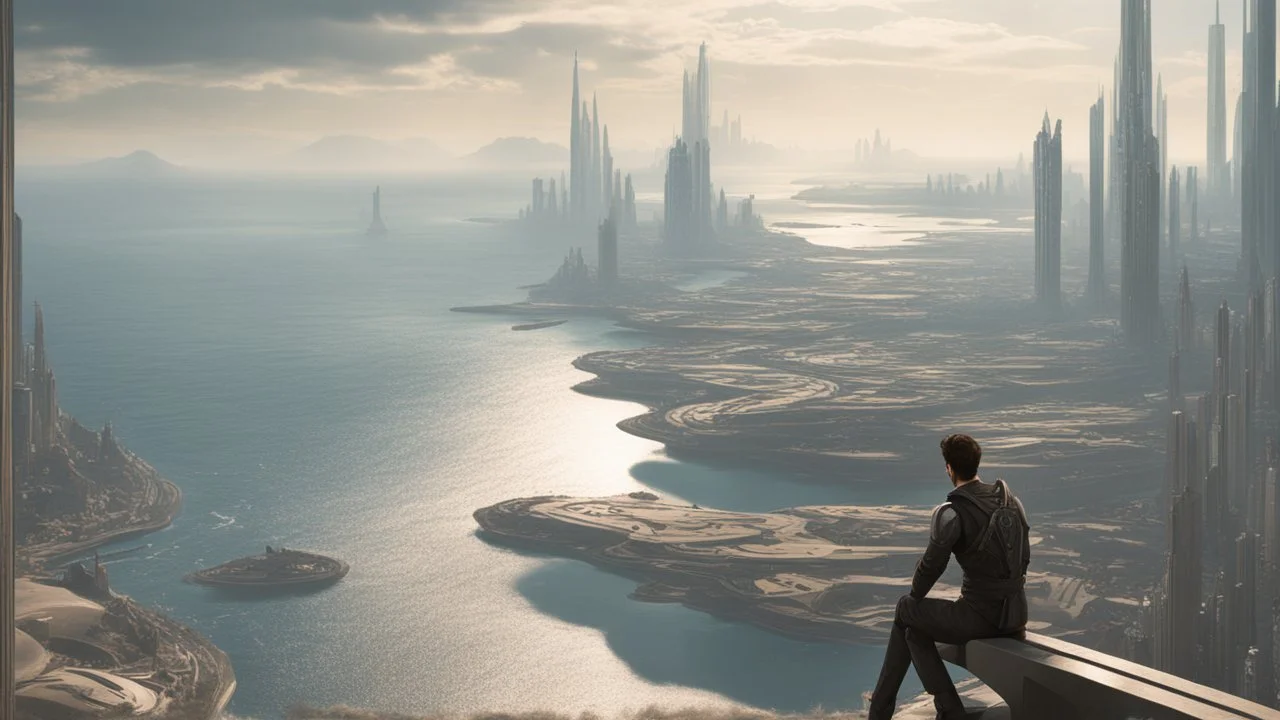 man standing on a ledge overlooking a futuristic sci-fi city bordering a sea with a sandy beach stretching off in the distance.